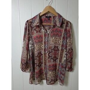 Haver London Top  Womens Size Large Brown Orange Sheer Metallic Boho Blouse